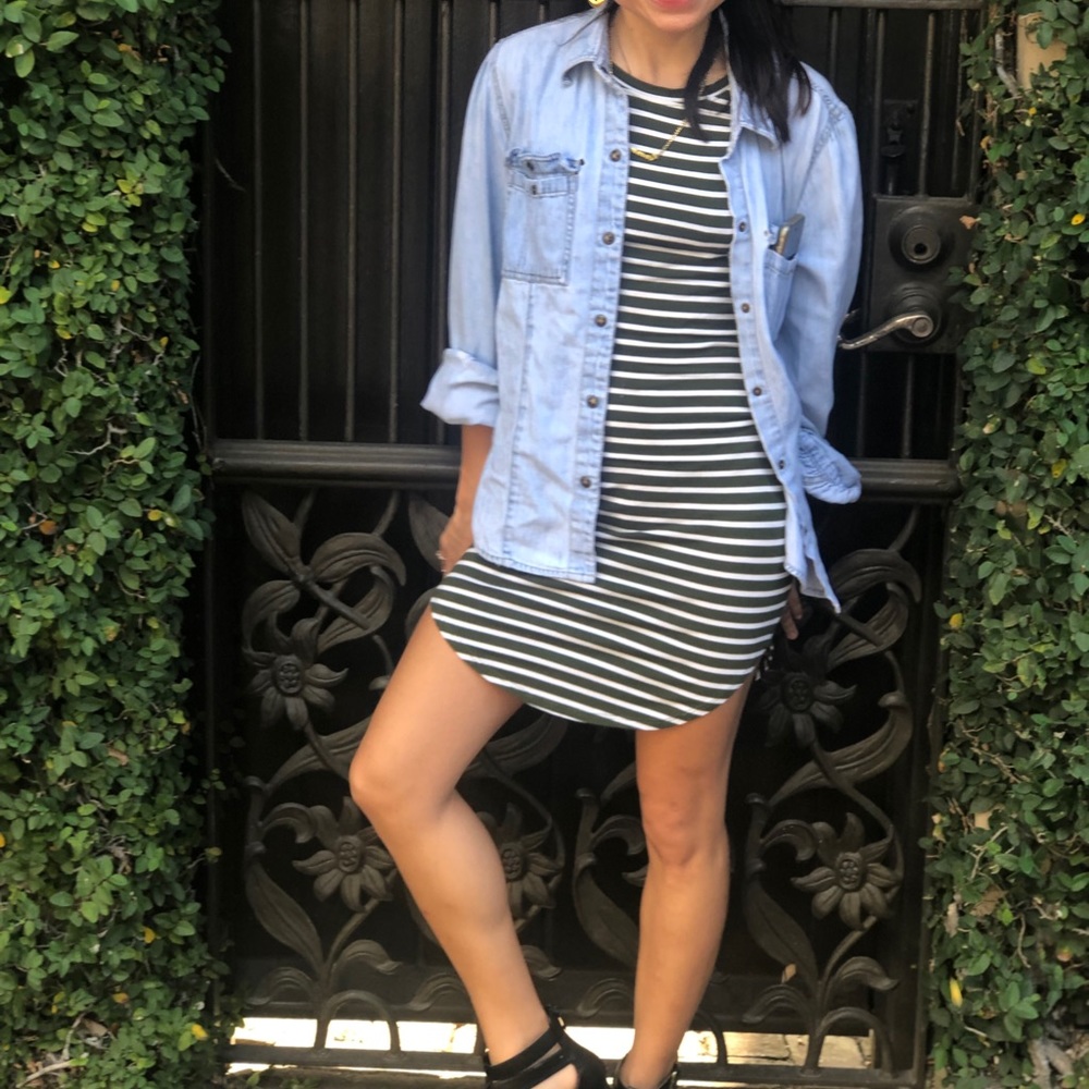 Green and white striped dress